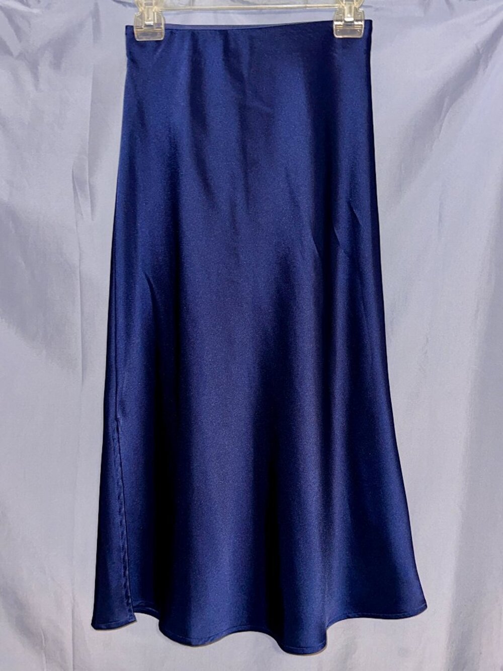 Satin navy blue long skirt with slit, XS